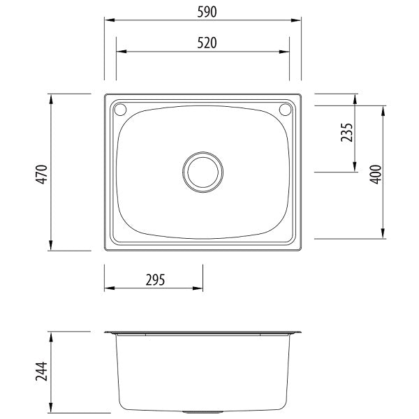 Technical drawing of Oliveri stainless steel laundry tub, 590 x 470 mm, with 2 tap holes and overflow