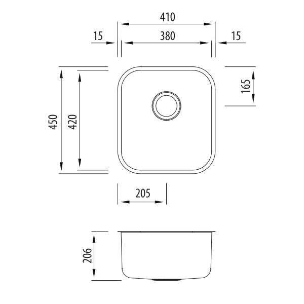 Oliveri Nu-Petite undermount stainless steel single bowl kitchen sink technical drawing with dimensions and waste position