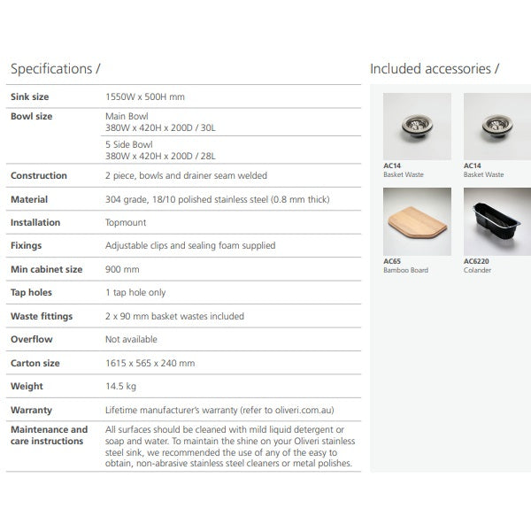 Oliveri Nu-Petite stainless steel double bowl topmount sink with double drainer and 1 tap hole specs sheet, accessories shown