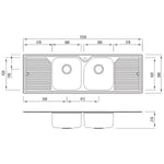 Oliveri Nu-Petite stainless steel double bowl topmount kitchen sink with double drainer, 1 tap hole dimension drawing