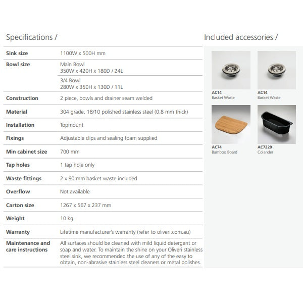 Oliveri Monet sink specifications sheet showing 1 & 3/4 bowl topmount stainless steel sink with drainer, 1 tap hole and accessories included