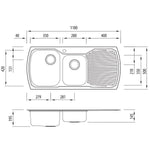 Oliveri Monet 1 and 3/4 bowl stainless steel topmount sink drainer, left hand drainer technical drawing with measurements