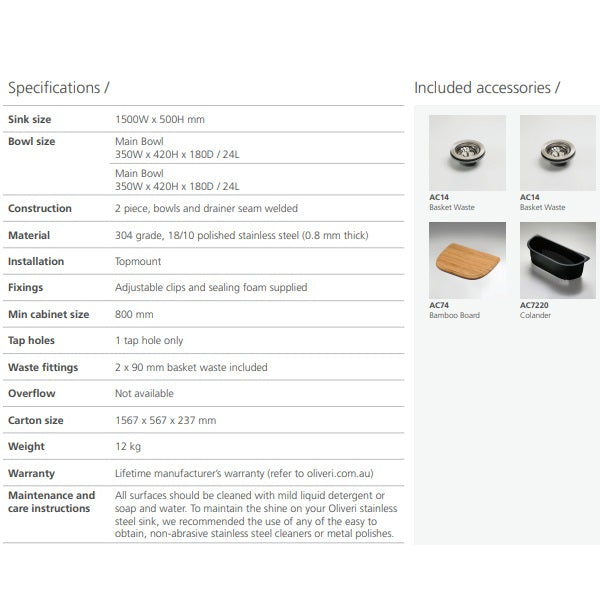 Oliveri Monet stainless steel kitchen sink specifications sheet showing included accessories and dimensions layout