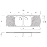 Oliveri Monet double bowl topmount kitchen sink technical drawing, stainless steel with double drainer and 1 tap hole