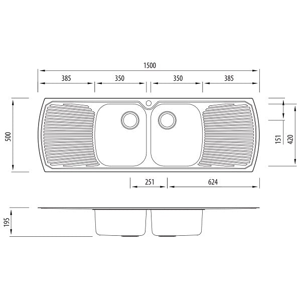 Oliveri Monet double bowl topmount kitchen sink technical drawing, stainless steel with double drainer and 1 tap hole
