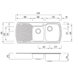 Oliveri Monet topmount 1 & 3/4 bowl kitchen sink drainer, stainless steel, dimensioned technical drawing