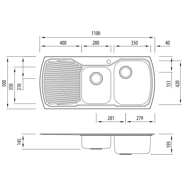 Oliveri Monet topmount 1 & 3/4 bowl kitchen sink drainer, stainless steel, dimensioned technical drawing