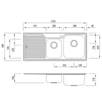 Oliveri Nu-Petite topmount stainless steel 1 & 3/4 bowl sink drainer technical drawing with dimensions and 1 tap hole