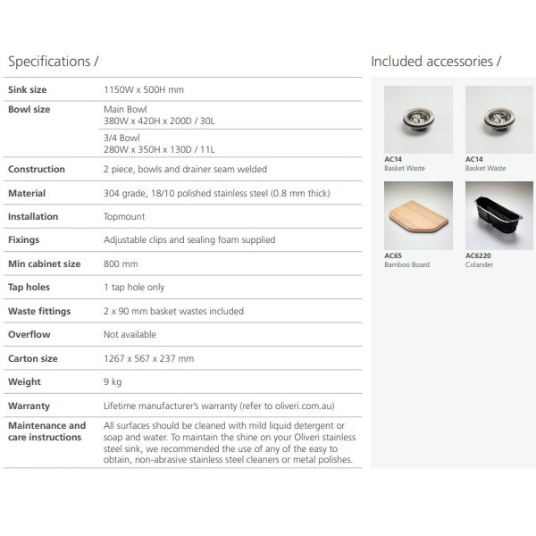 Oliveri Nu-Petite stainless steel topmount kitchen sink specifications sheet with included basket waste, board and colander images