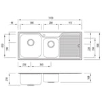 Oliveri Nu-Petite 1 & 3/4 bowl topmount kitchen sink drainer technical drawing, stainless steel, left-hand drainer, 1 tap hole