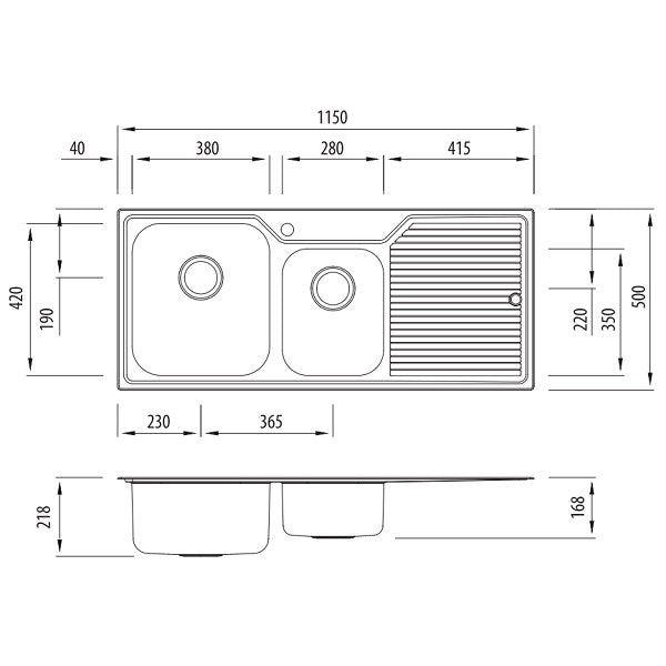 Oliveri Nu-Petite 1 & 3/4 bowl topmount kitchen sink drainer technical drawing, stainless steel, left-hand drainer, 1 tap hole