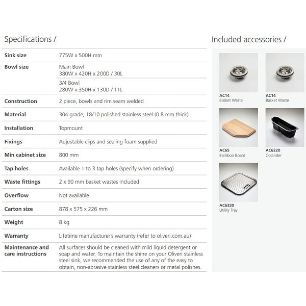 Oliveri Nu-Petite stainless steel 1¾ bowl topmount kitchen sink with 1 tap hole and included accessories spec sheet
