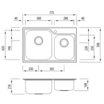 Oliveri Nu-Petite 1 & 3/4 bowl topmount sink technical drawing in stainless steel, right-hand main bowl, 1 tap hole