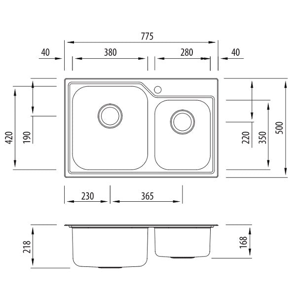 Oliveri Nu-Petite 1 & 3/4 bowl topmount sink technical drawing in stainless steel, right-hand main bowl, 1 tap hole