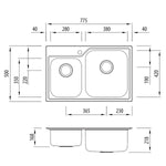 Oliveri Nu-Petite topmount stainless steel 1 & 3/4 bowl kitchen sink, technical dimension drawing with 1 tap hole