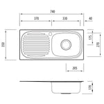Oliveri Martini single bowl topmount kitchen sink with drainer, stainless steel, technical dimensions drawing
