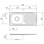 Oliveri Martini stainless steel single bowl topmount kitchen sink with drainer, dimensioned technical drawing, top view and side view
