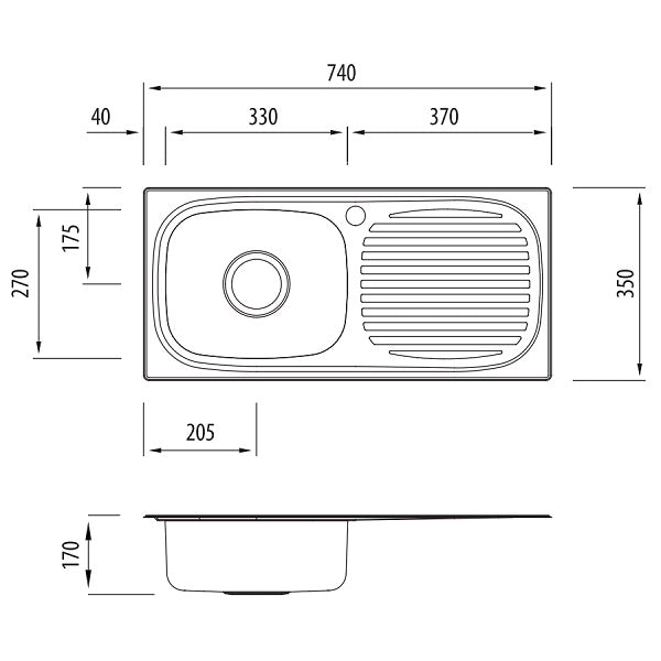 Oliveri Martini stainless steel single bowl topmount kitchen sink with drainer, dimensioned technical drawing, top view and side view