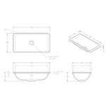 ADP Hope rectangular under counter basin, 495 x 255mm, white solid surface with centred waste, technical drawing