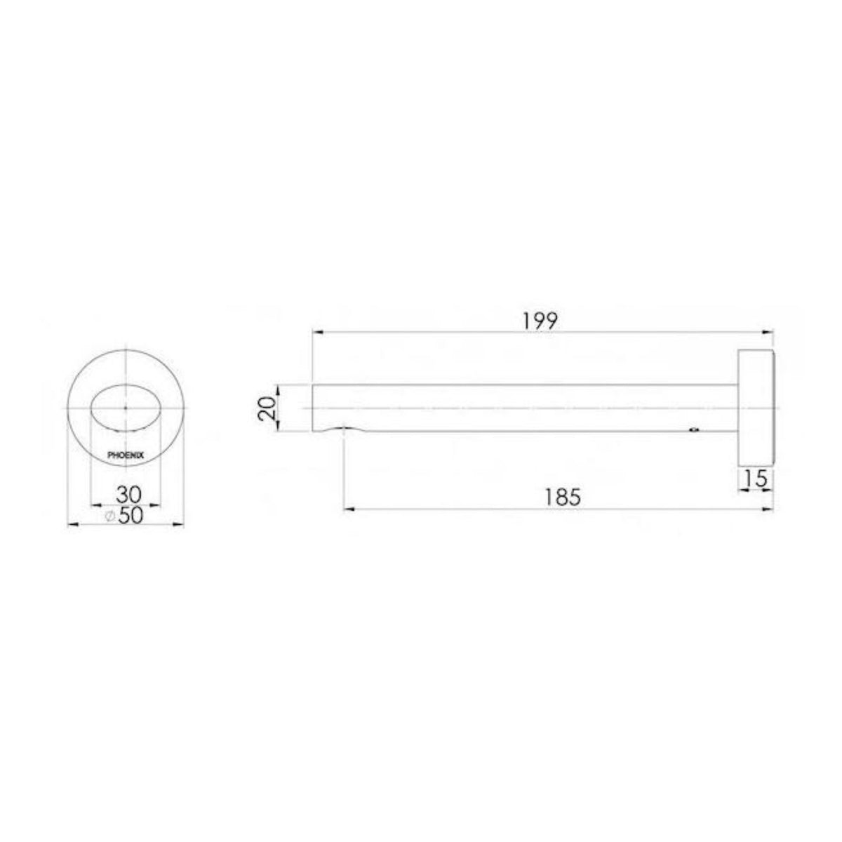 Phoenix Vivid Slimline oval basin/bath outlet in chrome, technical drawing with dimensions and front and side views