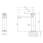Phoenix Teel basin mixer technical drawing in brushed nickel, showing front and side views with dimensions