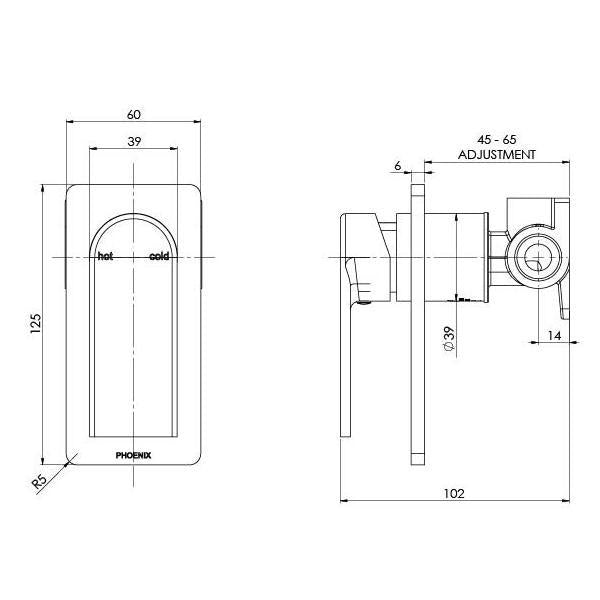 Phoenix Teel shower/wall mixer technical drawing in matte black, showing front and side views with dimensions