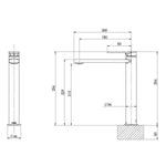 Phoenix Teel vessel mixer technical drawing in brushed nickel, showing tall hob-mounted tap dimensions and side view plan.