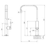 Phoenix Teel Sink Mixer technical drawing, squareline gooseneck tap in matte black, front and side views with dimensions