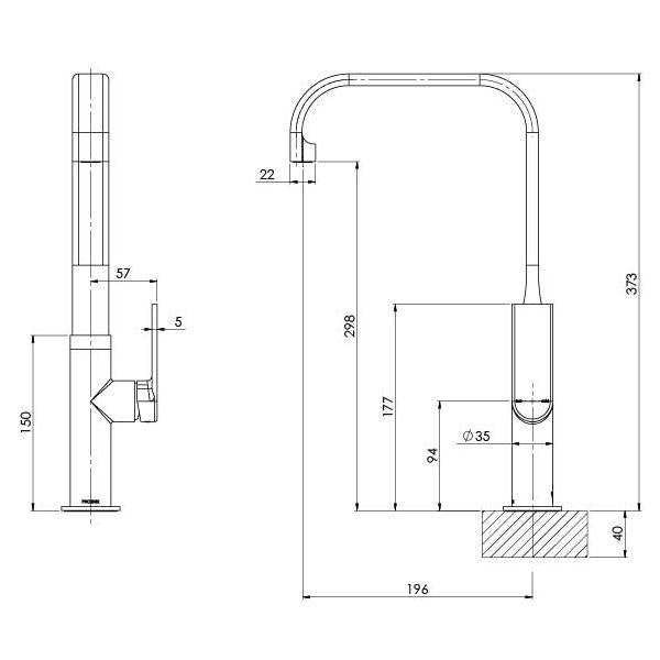 Phoenix Teel Sink Mixer technical drawing, squareline gooseneck tap in matte black, front and side views with dimensions