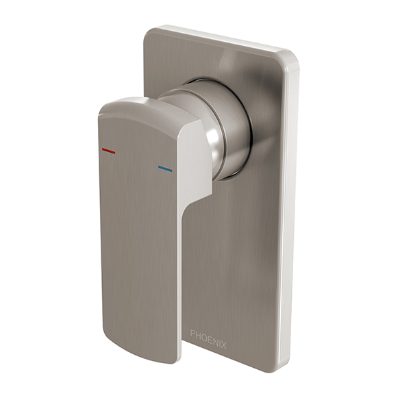 Phoenix Teva shower wall mixer in brushed nickel, with rectangular wall plate and single lever handle on white background