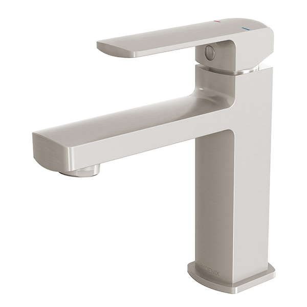 Phoenix Teva basin mixer in brushed nickel, modern square hob-mounted bathroom tap on white background