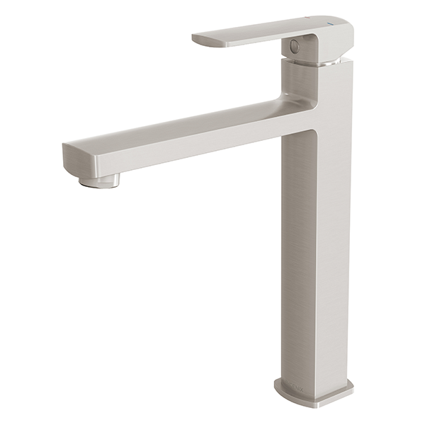 Phoenix Teva vessel mixer tap in brushed nickel, tall square-profile basin mixer on white background