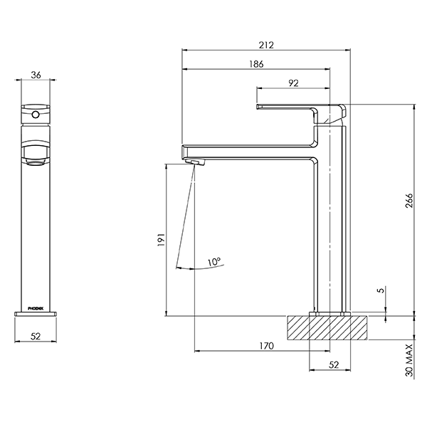 Phoenix Teva vessel mixer technical drawing in brushed nickel, showing side and front views with dimensions