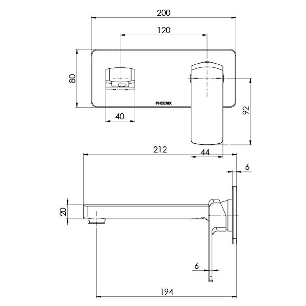 Phoenix Teva wall basin/bath mixer set technical drawing, brushed nickel, 200mm wall-mounted tap with dimensions shown