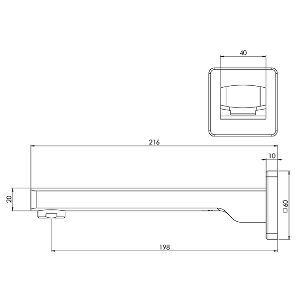 Phoenix Teva wall bath outlet technical drawing, 200mm reach, brushed nickel finish, side and front views with dimensions