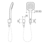 Caroma Luna brushed brass hand shower technical drawing, showing front and side views with dimensions and hose.