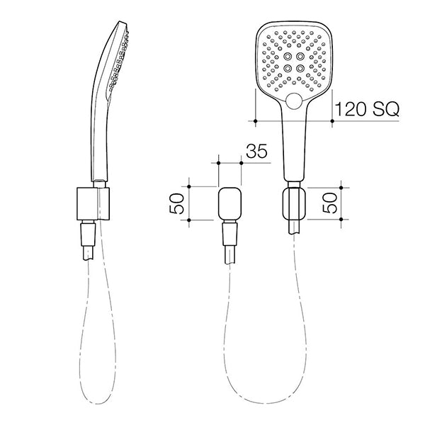 Caroma Luna brushed brass hand shower technical drawing, showing front and side views with dimensions and hose.