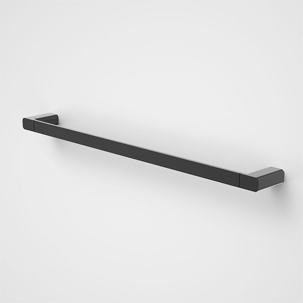 Caroma Luna single towel rail in black, slim wall-mounted design with concealed fixings on a white background