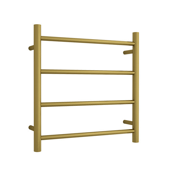 Thermogroup 4-bar round heated towel ladder in brushed gold, shown front on with 4 horizontal rails