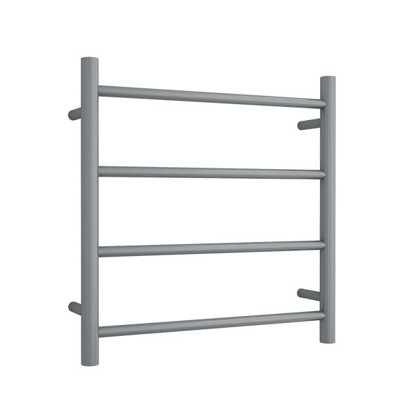 Thermogroup 4-bar round heated towel ladder in gun metal, wall-mounted bathroom rail on white background