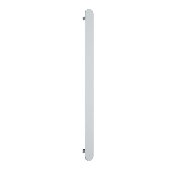 Thermogroup polished stainless steel flat pill single bar vertical heated towel rail, front view on white background
