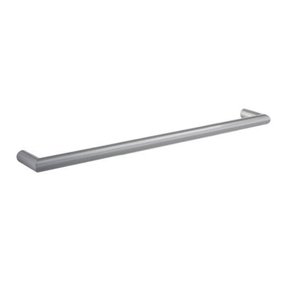Thermogroup brushed stainless steel single heated towel rail, round bar, wall-mounted on white background