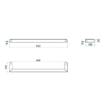 Thermogroup 12V single heated towel rail in gunmetal, technical drawing showing 632mm bar and 600mm mount dimensions