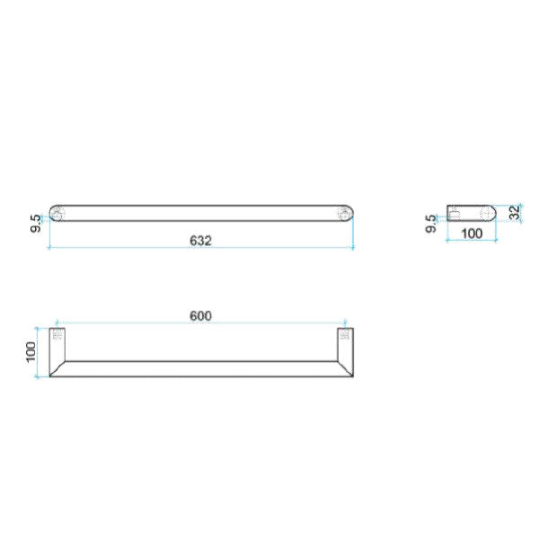 Thermogroup 12V single heated towel rail in gunmetal, technical drawing showing 632mm bar and 600mm mount dimensions