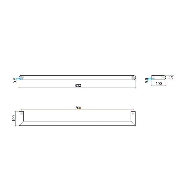 Technical drawing of Thermogroup single heated towel rail in brushed stainless steel, showing 832mm and 800mm dimensions and side profile