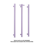 Thermogroup lilac satin vertical single-bar heated towel rail shown in three views, with removable hook