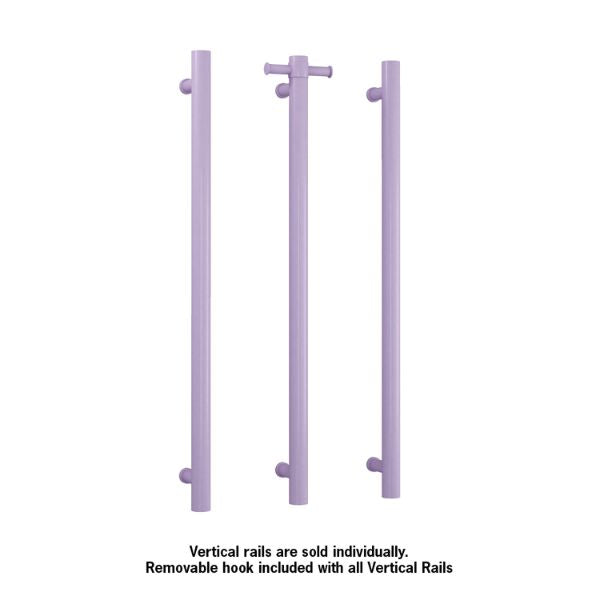 Thermogroup lilac satin vertical single-bar heated towel rail shown in three views, with removable hook
