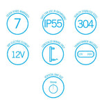 Thermogroup heated towel rail feature icons showing 7-year warranty, IP55, 304 stainless steel and 240V/12V details