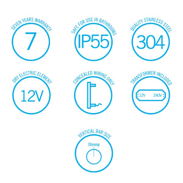 Thermogroup heated towel rail feature icons showing 7-year warranty, IP55, 304 stainless steel and 240V/12V details
