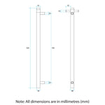 Technical drawing of Thermogroup vertical single-bar heated towel rail with dimensions in millimetres, side and front views.